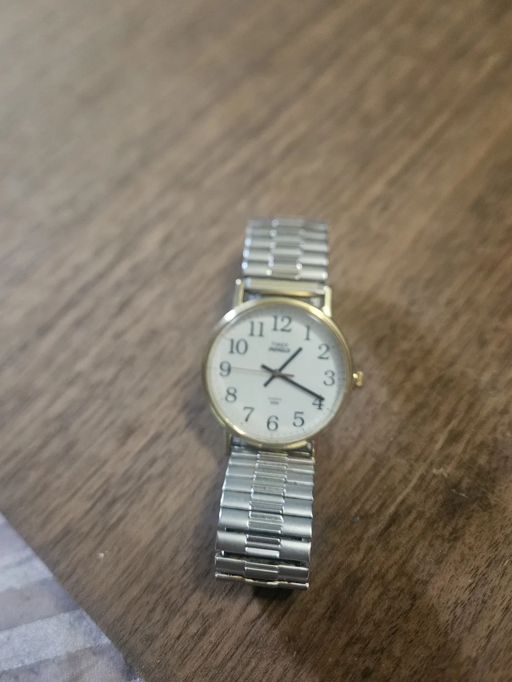 Vintage Timex Indiglo Gold Tone Mixed Metal Quartz Watch White Dial Stretch Band